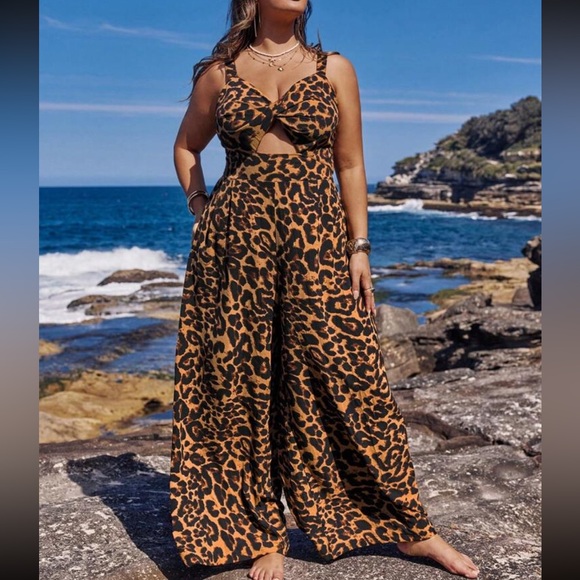 Plus Size Leopard Print Smocked Back Cutout Bandeau Wide Leg Jumpsuit